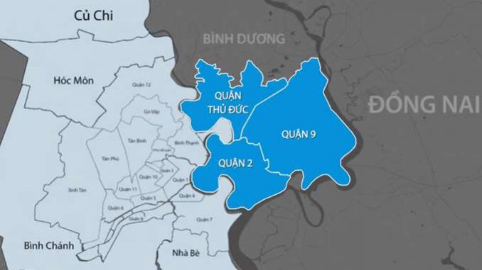 Thu Duc city (blue part) includes districts- 2, 9, Thu Duc