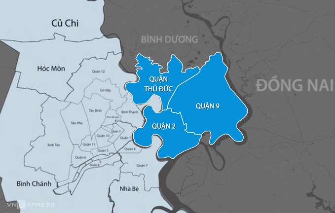 Thu Duc 市（蓝色部分）包括区 - 2、9、Thu Duc